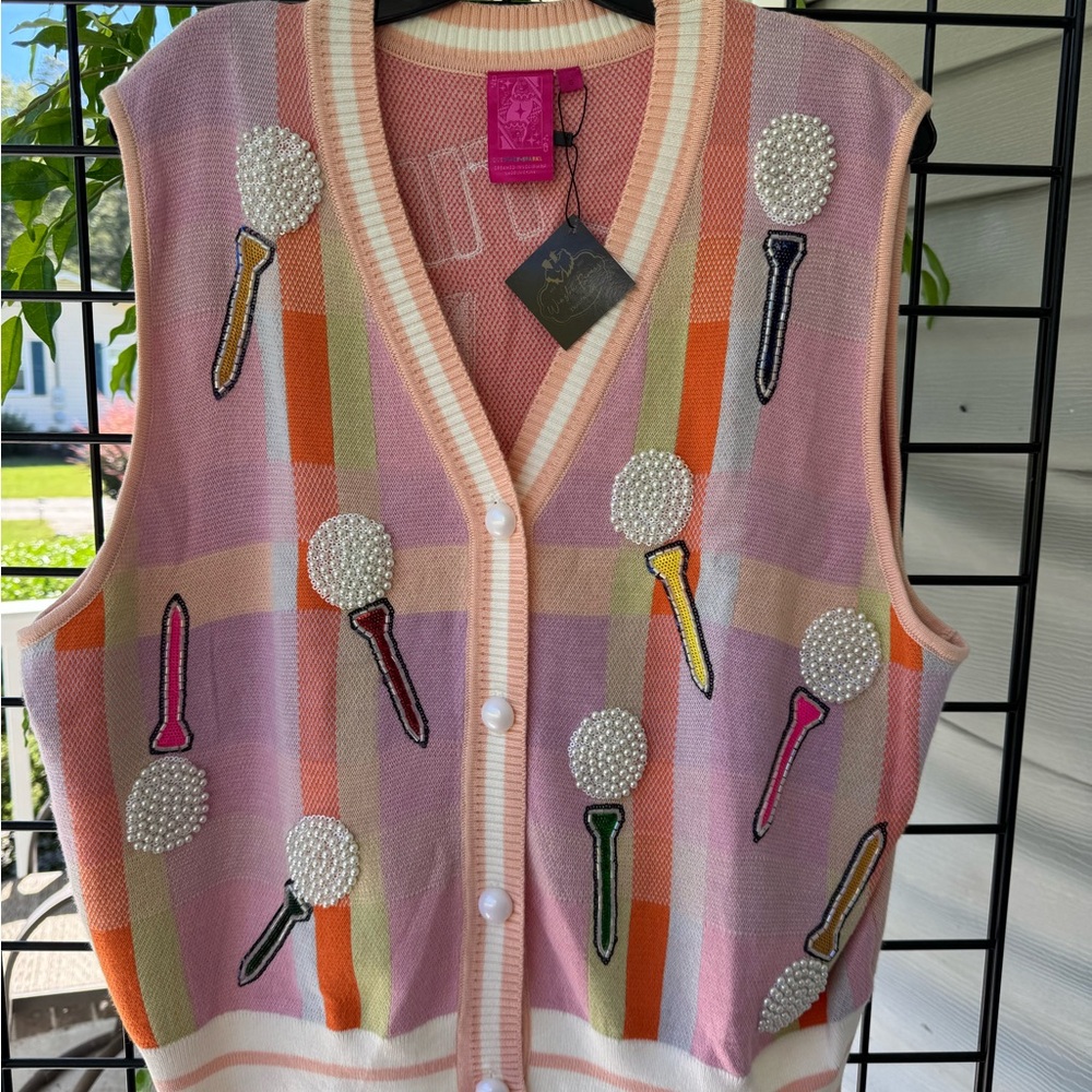 QUEEN OF SPARKLES Pink and White Knit Cardigan